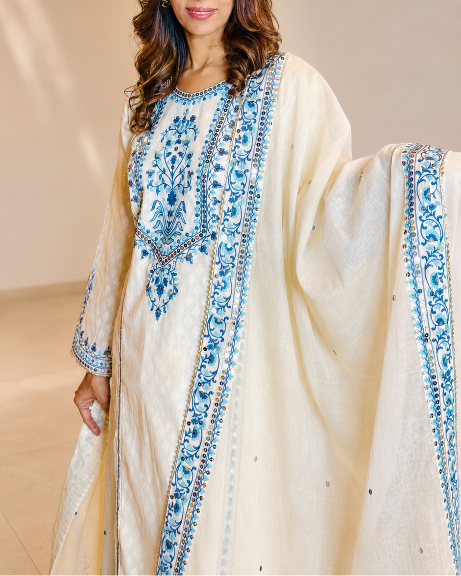 White Cotton Ari Embroidered Salwar Suit Set