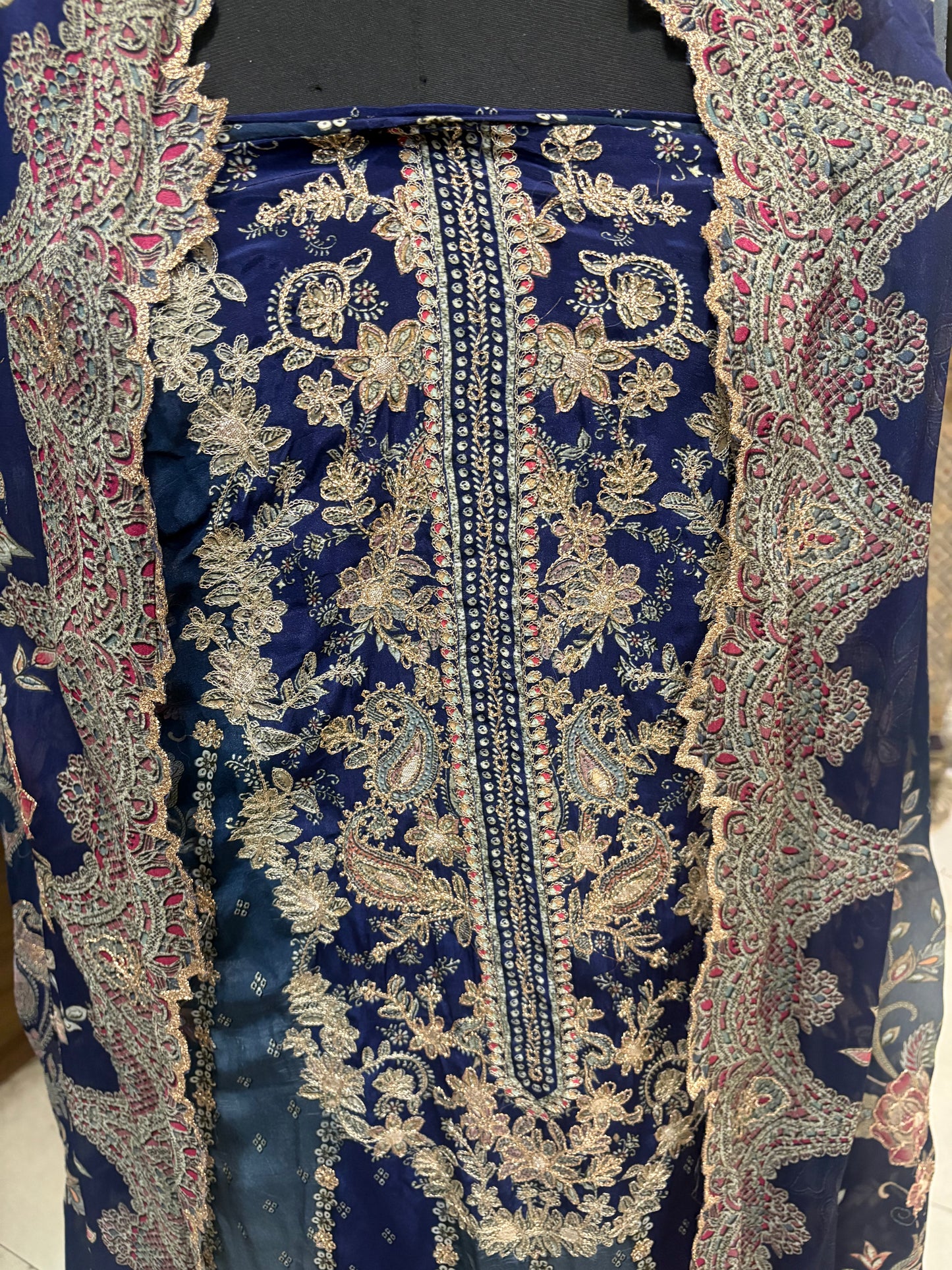 Two-Tone Blue Hand-Embroidered Kalidar Unstitched Set