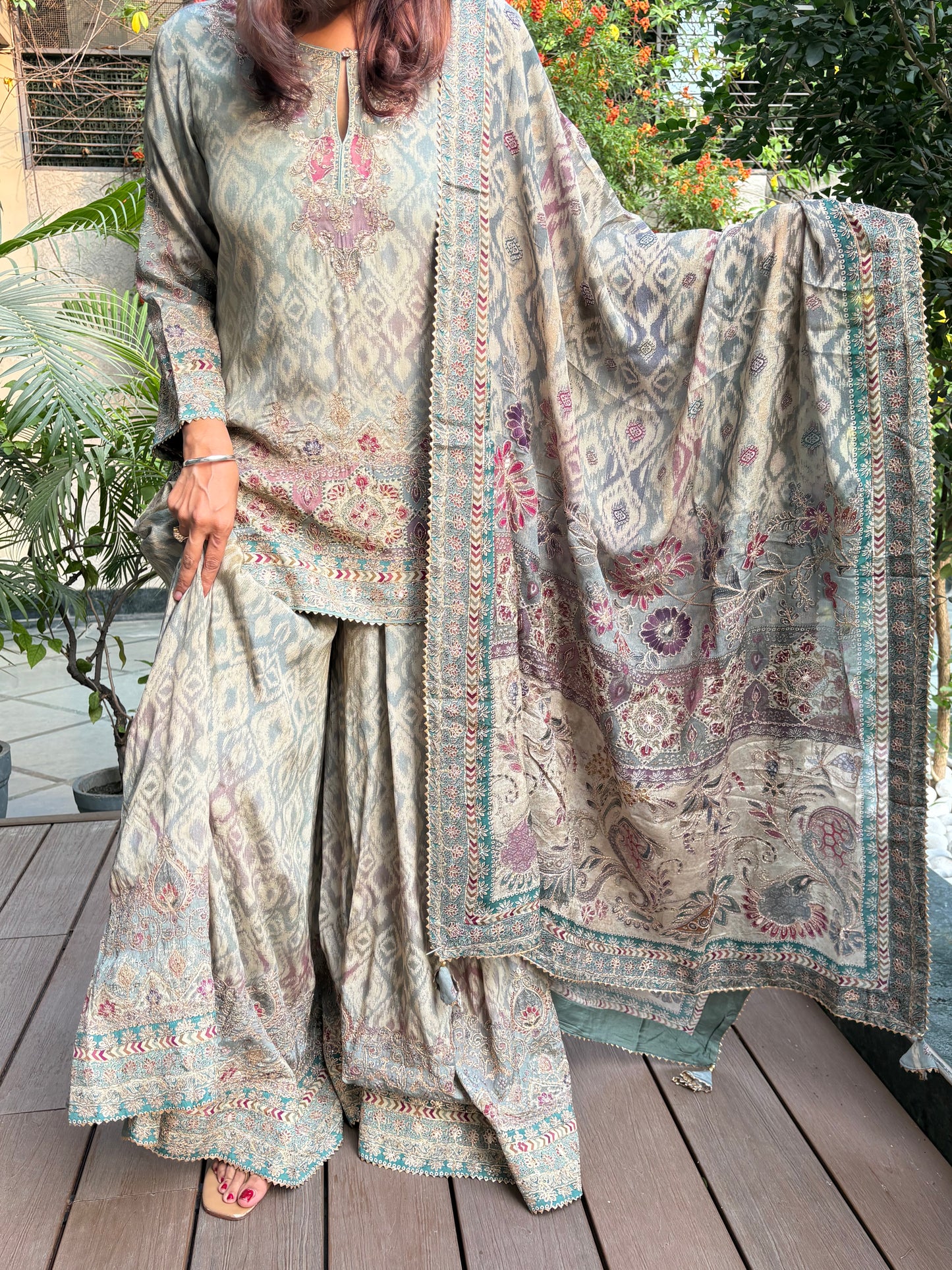 Greyish Blue Crepe Gherdaar Sharara Set