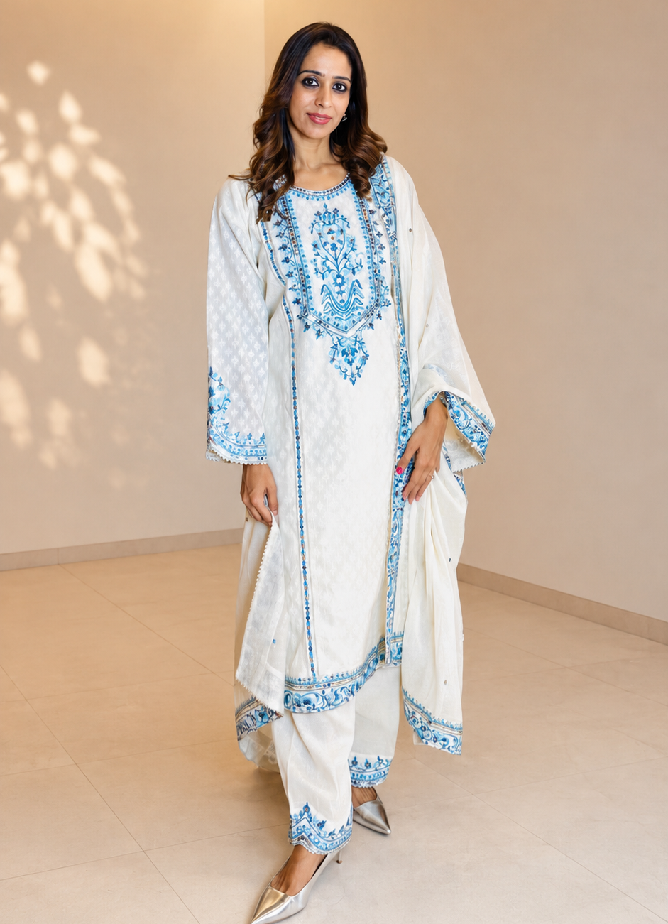 White Cotton Ari Embroidered Salwar Suit Set
