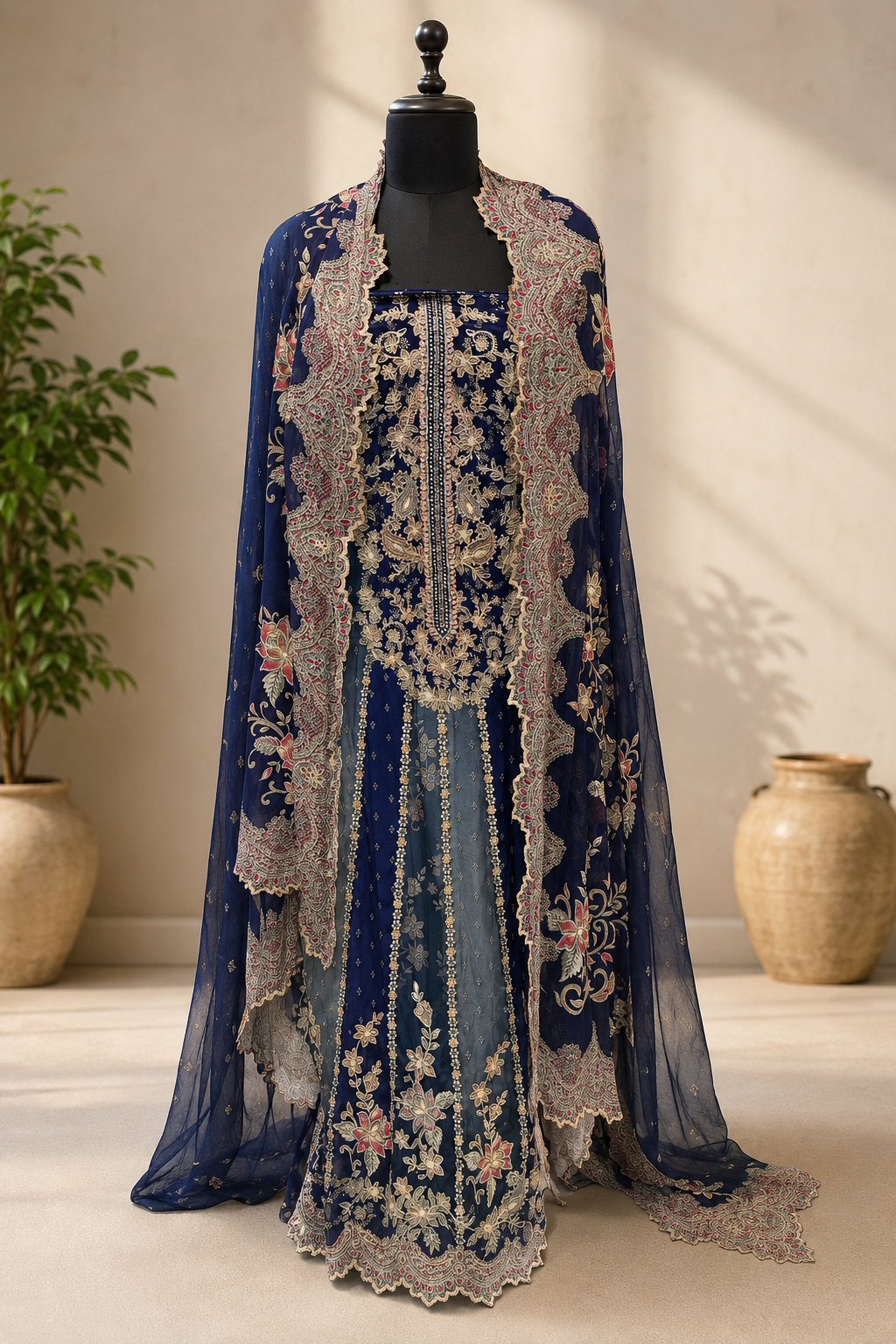 Two-Tone Blue Hand-Embroidered Kalidar Unstitched Set