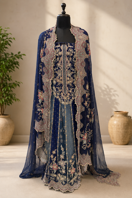 Two-Tone Blue Hand-Embroidered Kalidar Unstitched Set