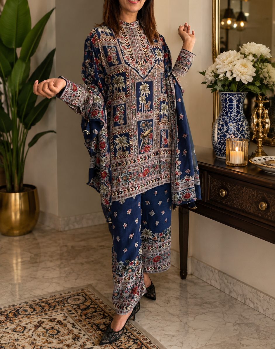 Blue Crepe Swarovski-Embellished Kurta Set