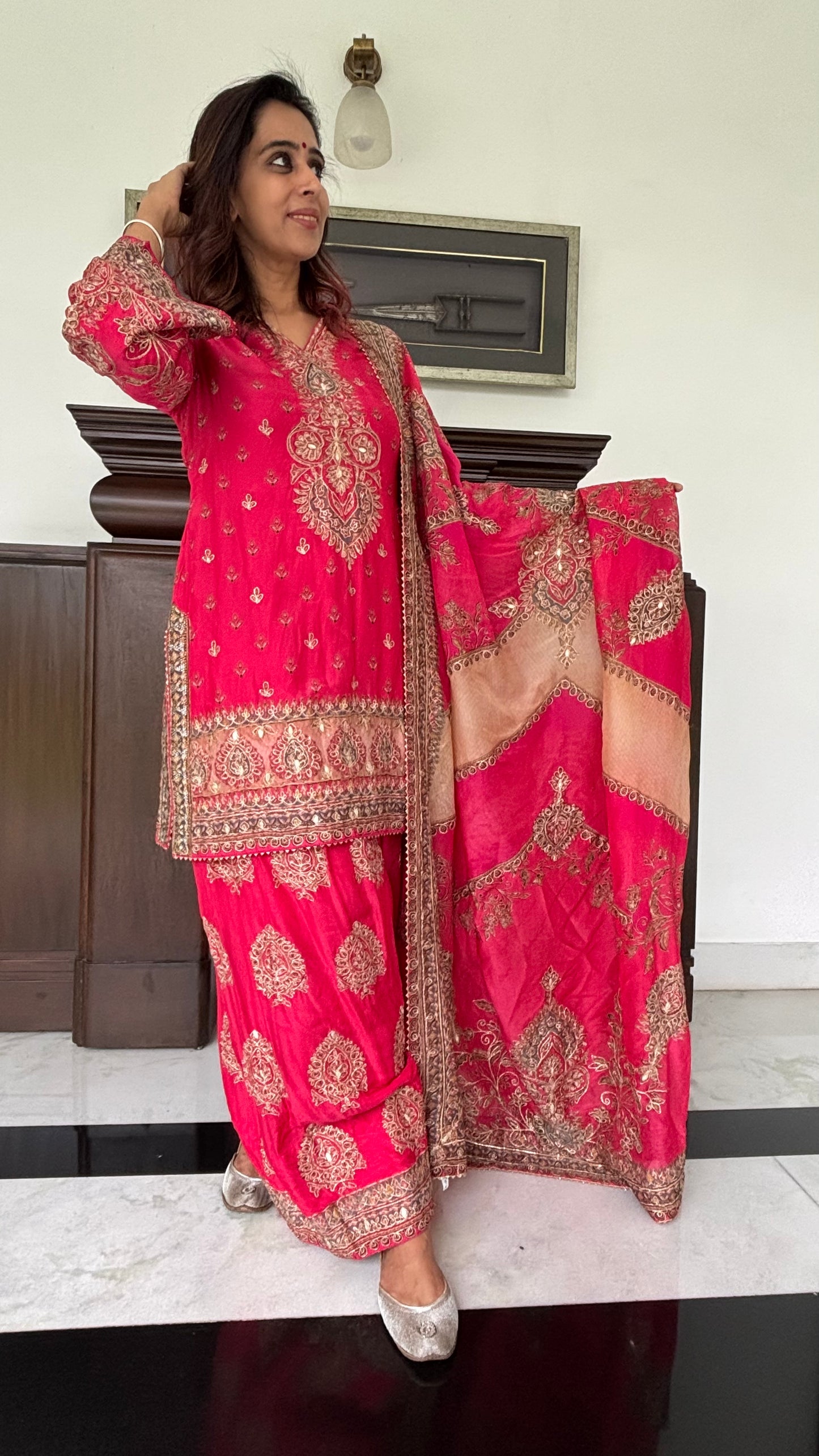Pink Hand-Embroidered Farshi Salwar Suit Set