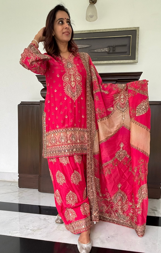 Pink Hand-Embroidered Farshi Salwar Suit Set