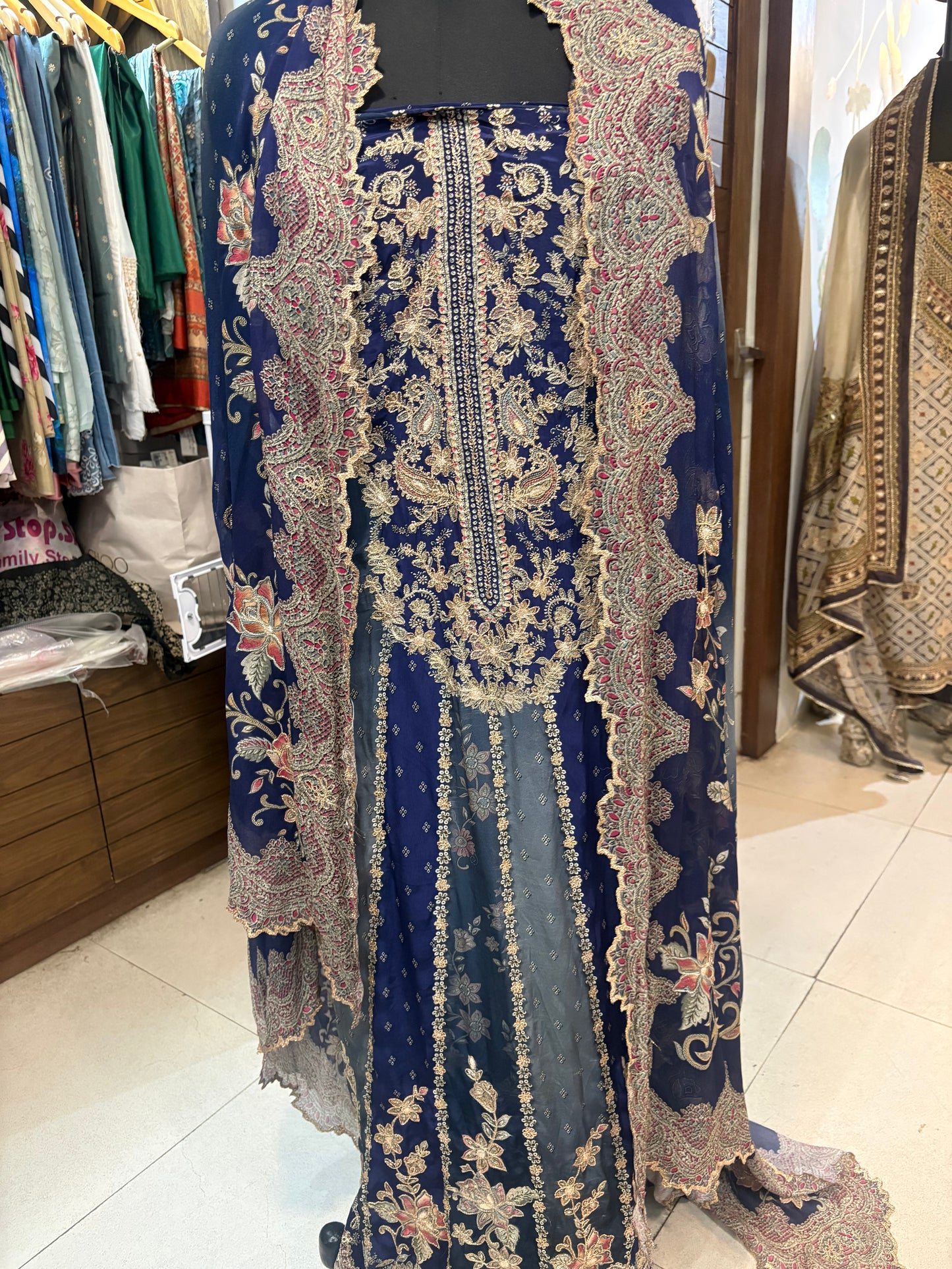 Two-Tone Blue Hand-Embroidered Kalidar Unstitched Set