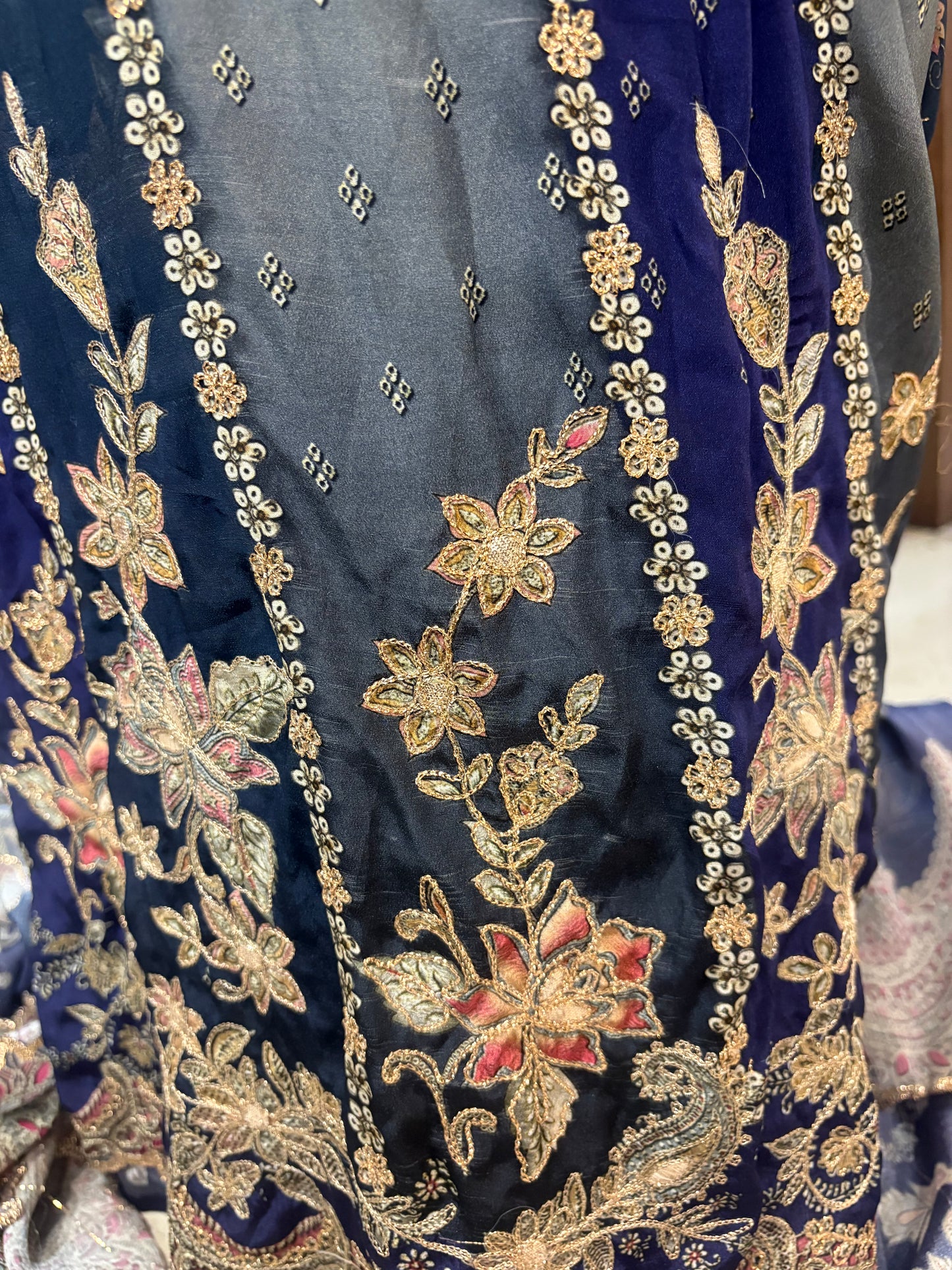 Two-Tone Blue Hand-Embroidered Kalidar Unstitched Set