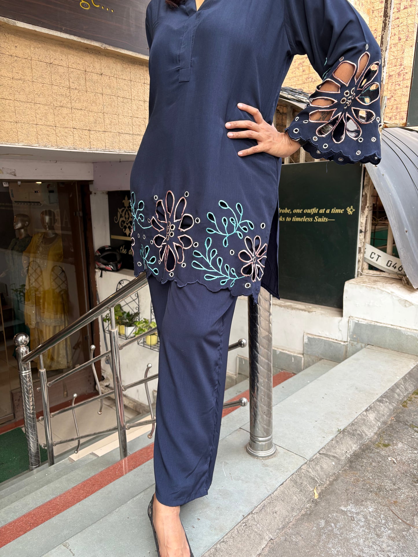 Navy Blue Cutwork Co-ord Set