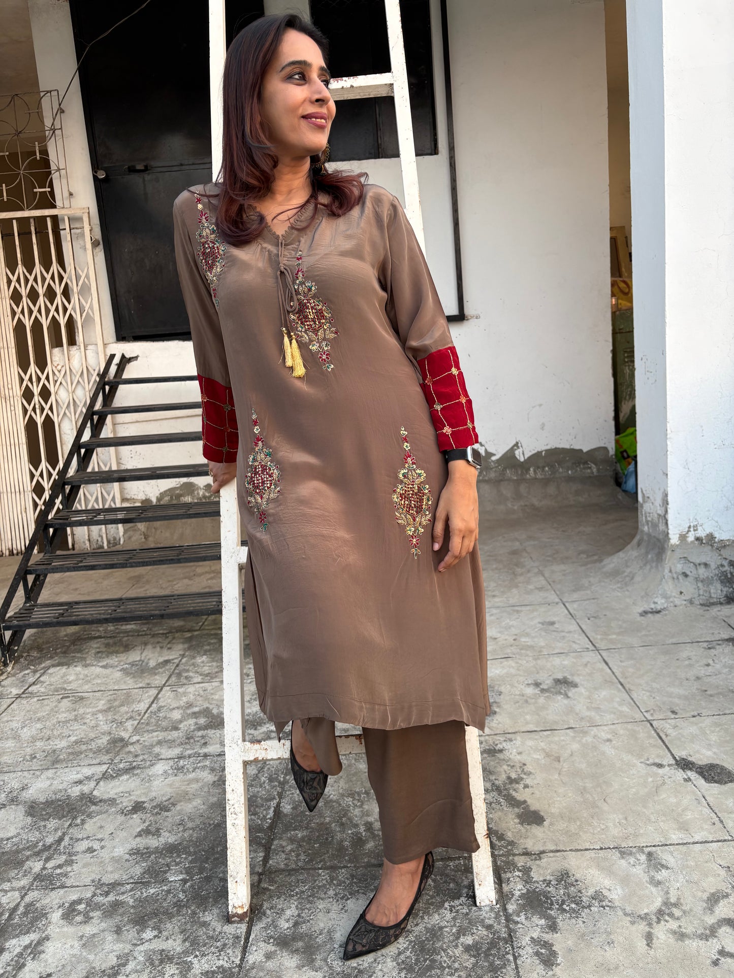 Copper Beige Crepe Salwar Suit with Red Accents
