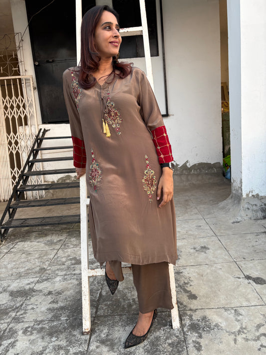 Copper Beige Crepe Salwar Suit with Red Accents