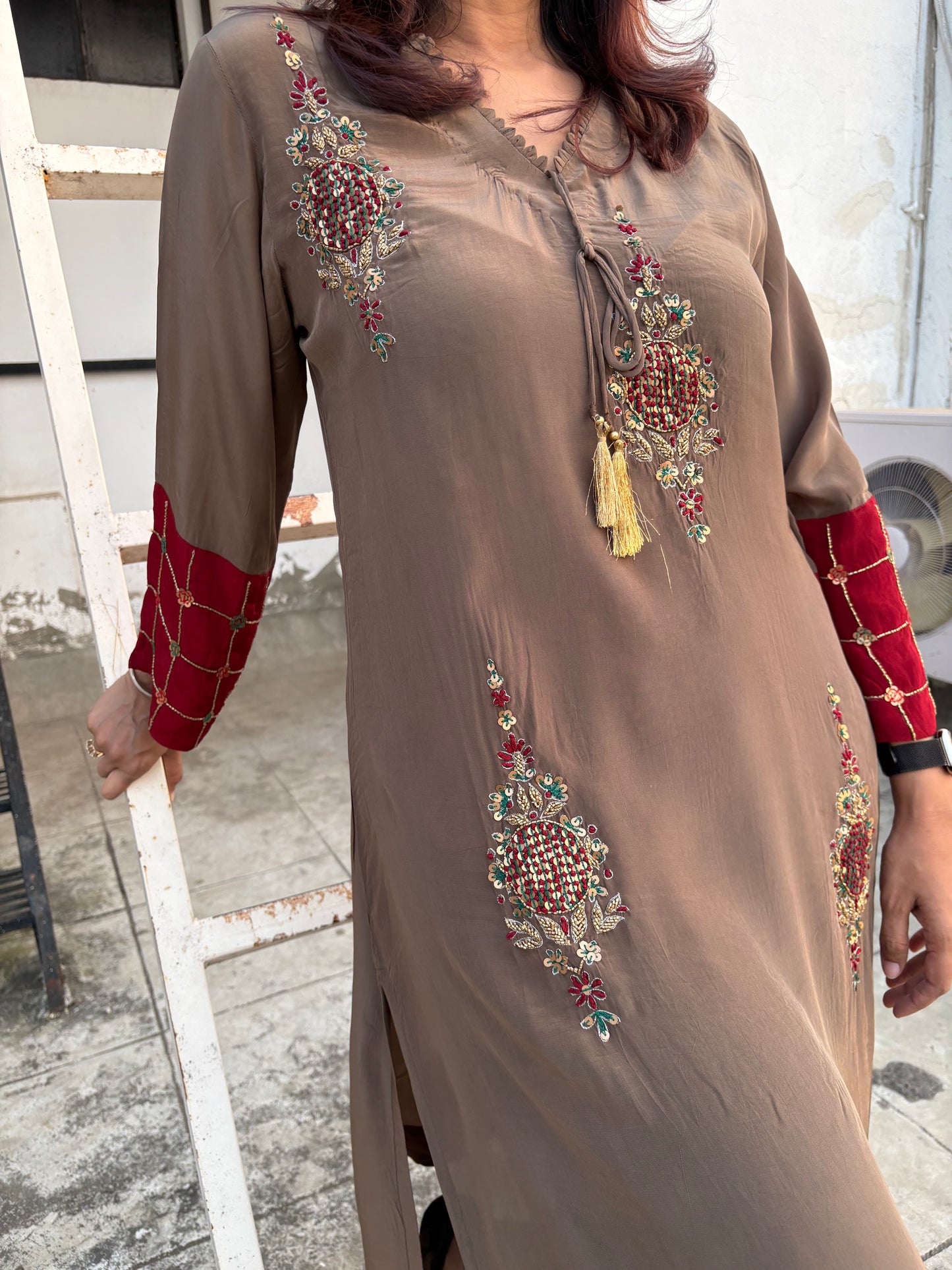 Copper Beige Crepe Salwar Suit with Red Accents