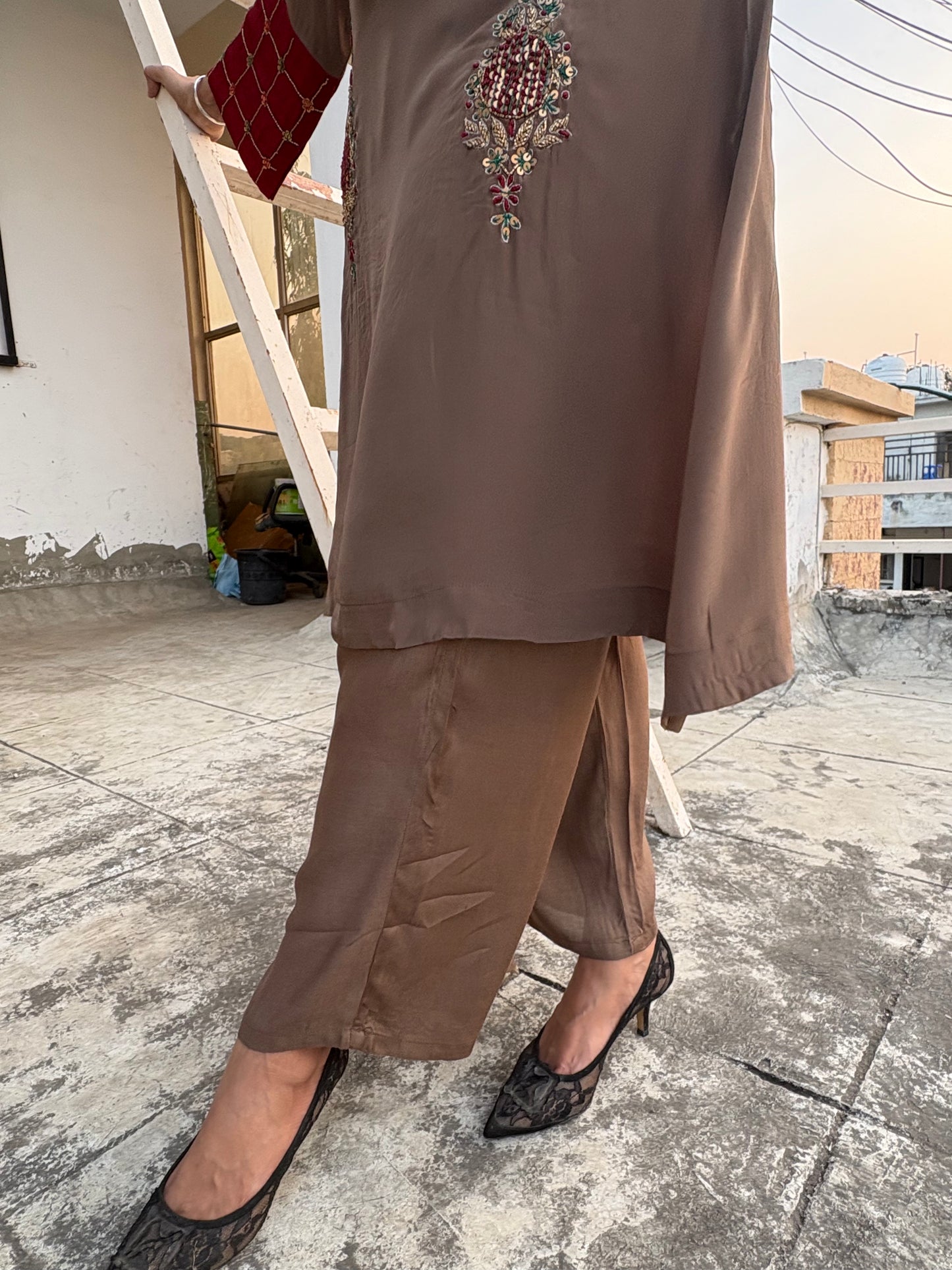 Copper Beige Crepe Salwar Suit with Red Accents