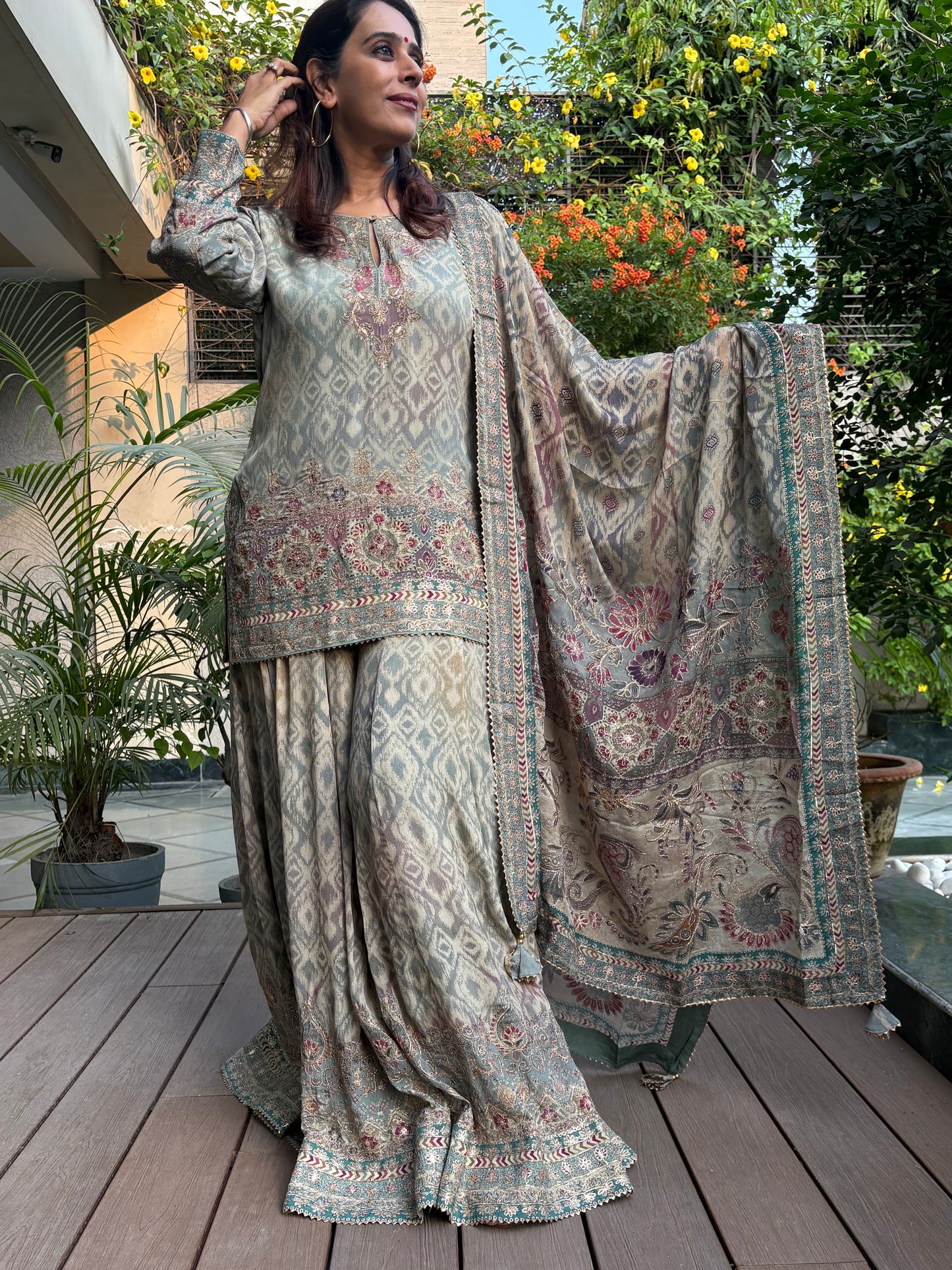 Greyish Blue Crepe Gherdaar Sharara Set