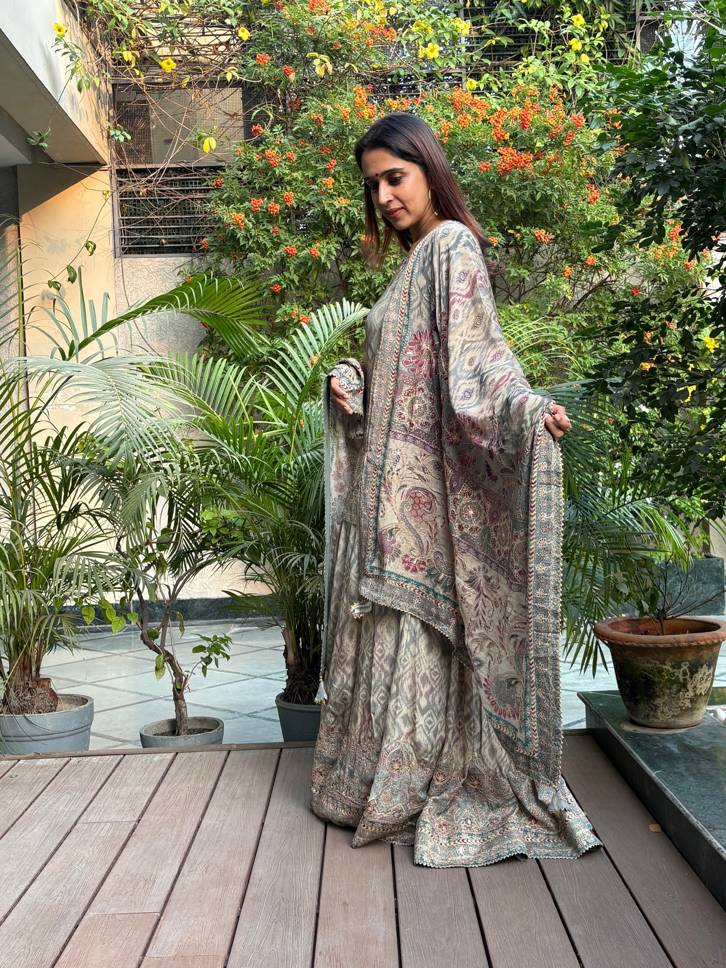 Greyish Blue Crepe Gherdaar Sharara Set