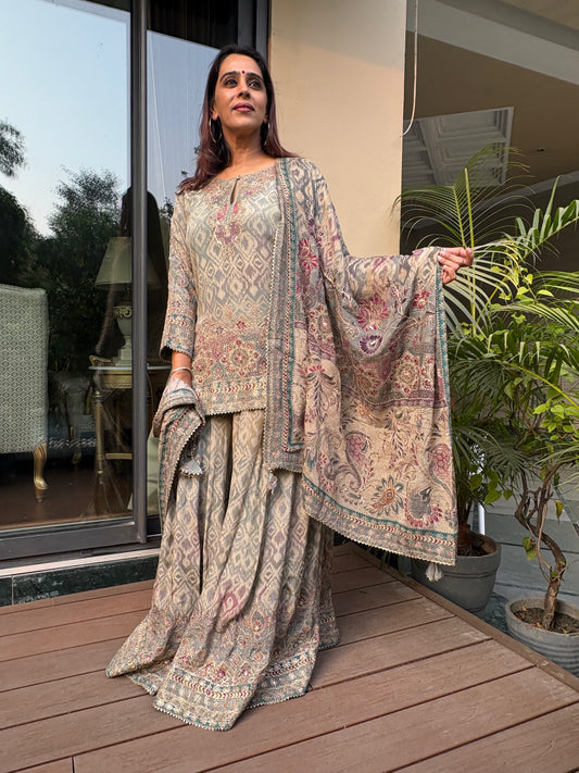 Greyish Blue Crepe Gherdaar Sharara Set
