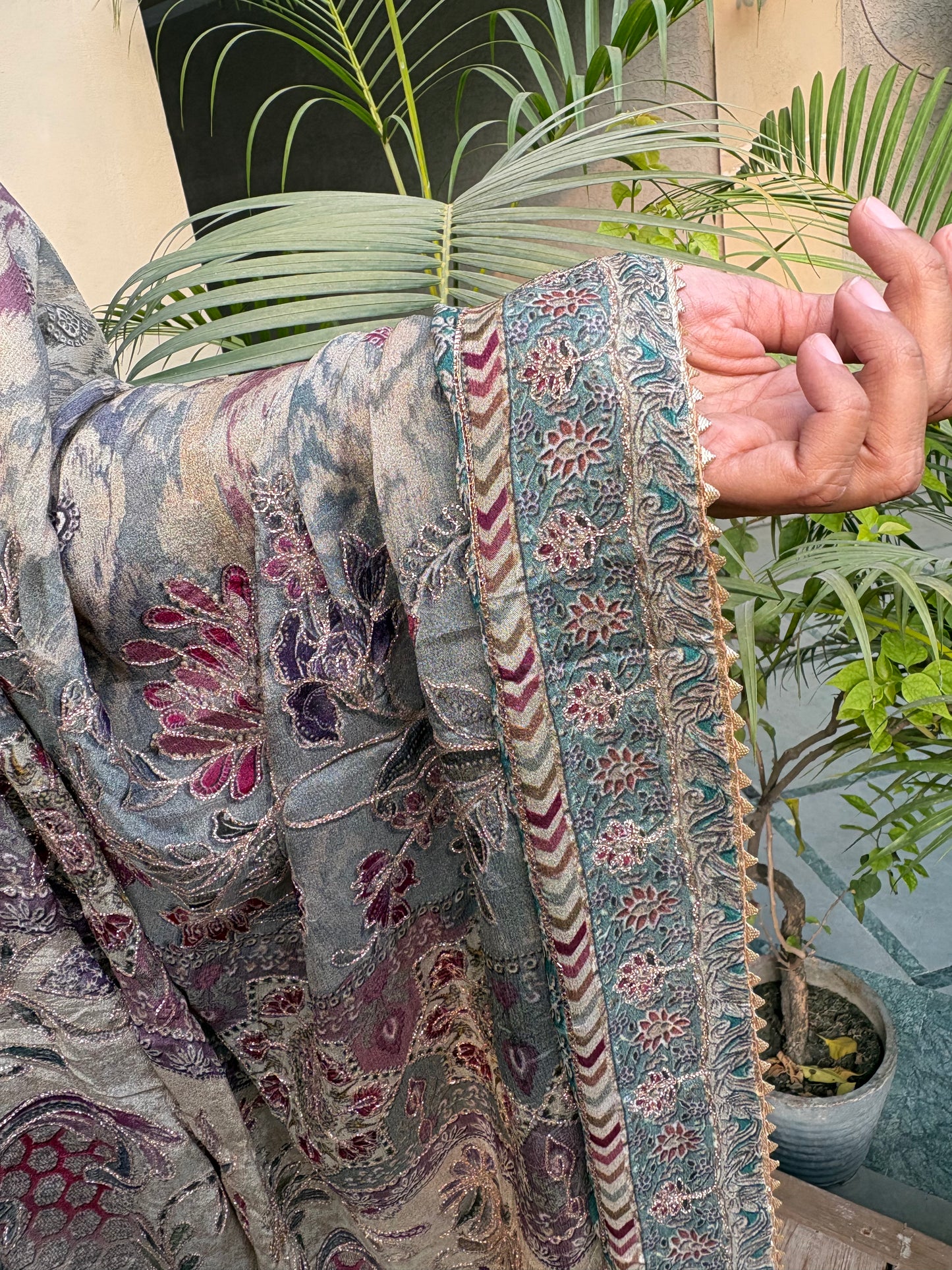Greyish Blue Crepe Gherdaar Sharara Set